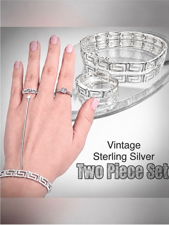 Artisan Jewelry - Greek 925 Sterling Vintage Key Link Bracelet & Ring 2PC Set Ex Cond